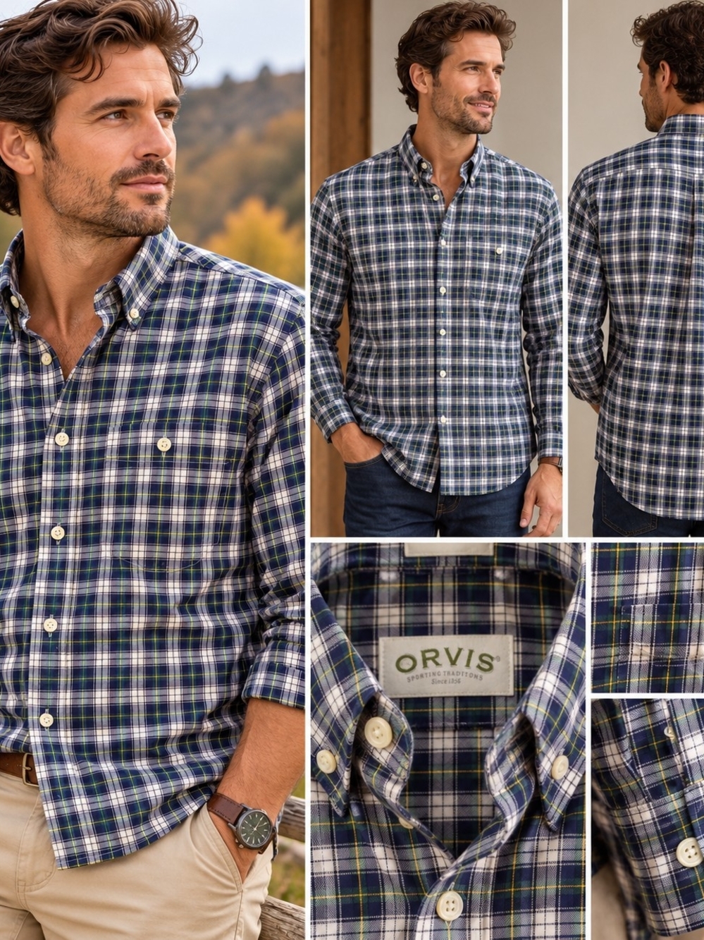 Orvis Men's Blue & Green Plaid Button-Down Shirt